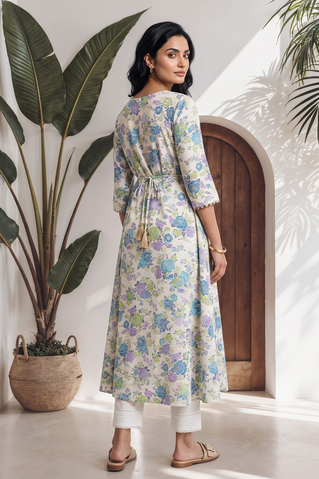Off White Floral Printed Lace A-line Kurta with Trousers Set