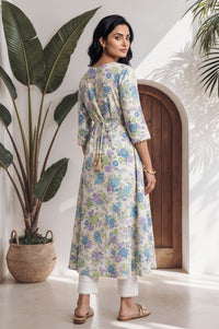 Off White Floral Printed Lace A-line Kurta with Trousers Set