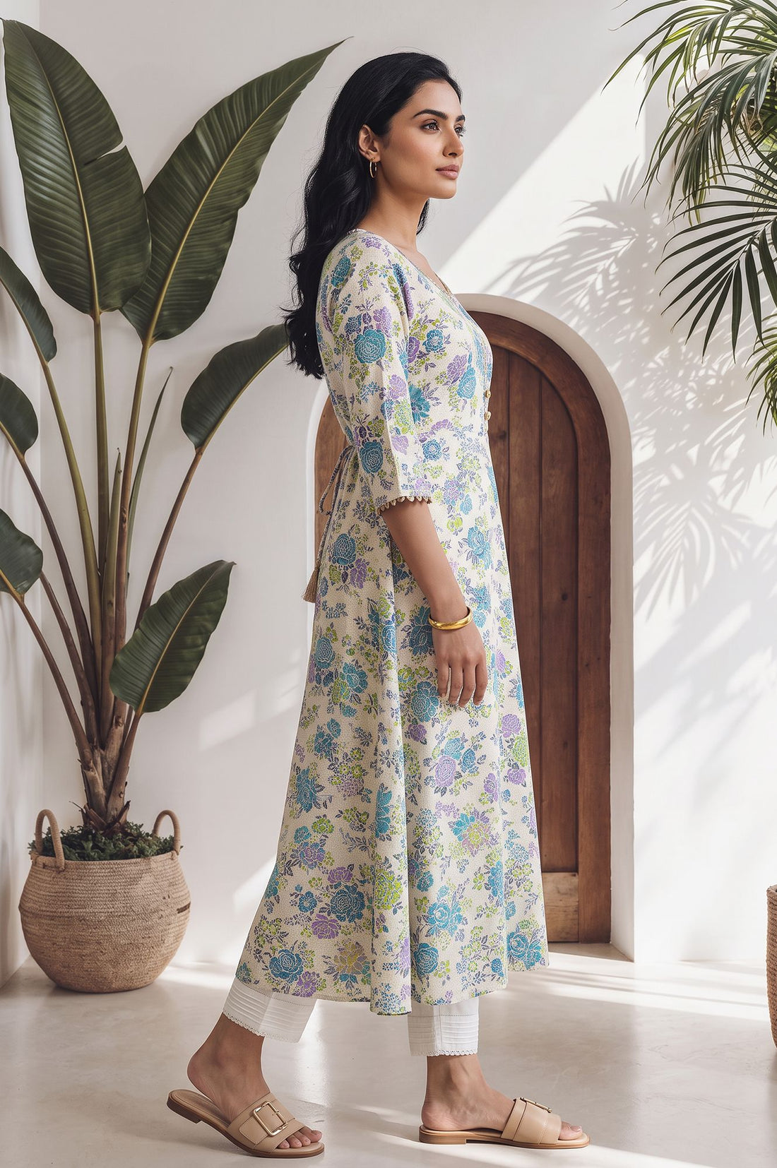 Off White Floral Printed Lace A-line Kurta with Trousers Set