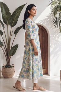 Off White Floral Printed Lace A-line Kurta with Trousers Set