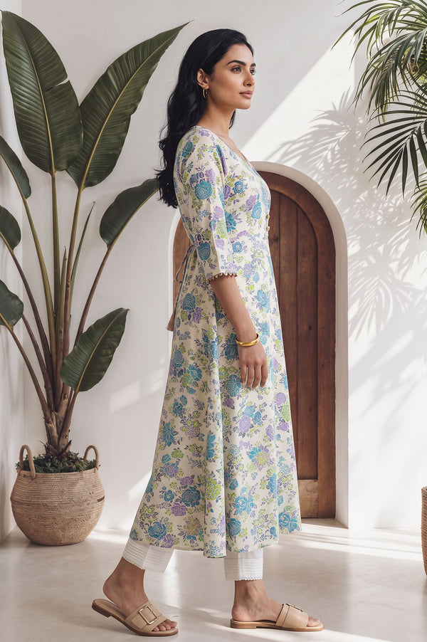 Off White Floral Printed Lace A-line Kurta with Trousers Set