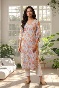 Blue Floral Printed Lace Straight Kurta with Trousers Set