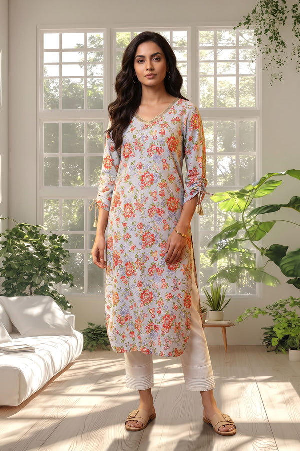 Blue Floral Printed Lace Straight Kurta with Trousers Set
