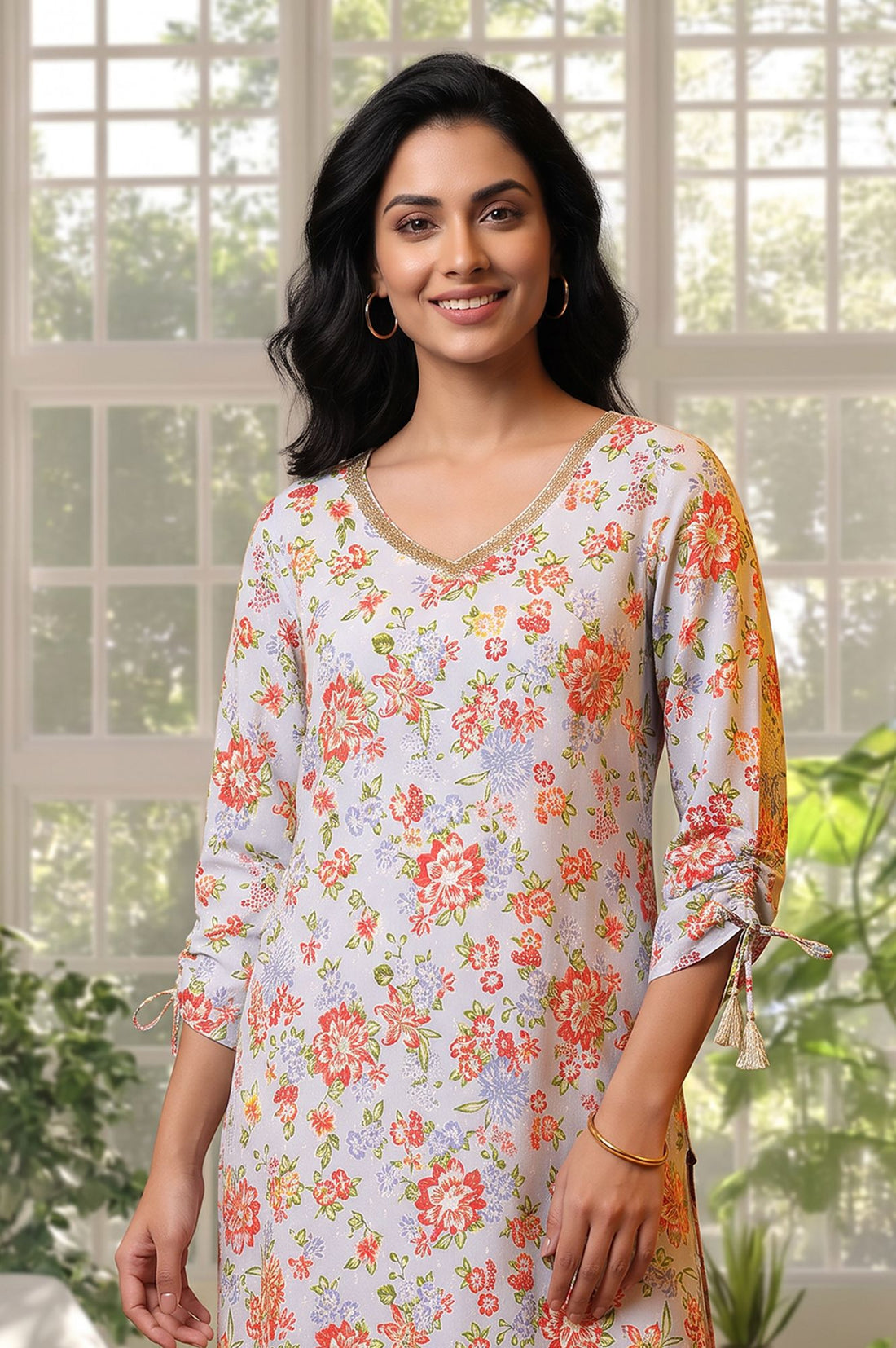 Blue Floral Printed Lace Straight Kurta with Trousers Set