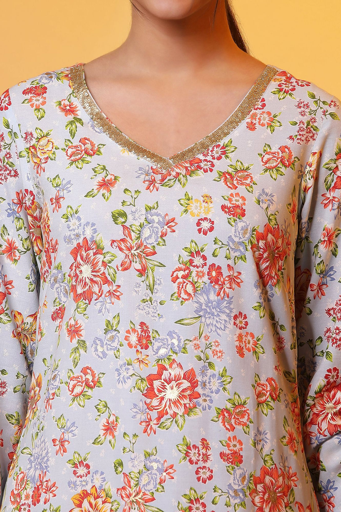 Blue Floral Printed Lace Straight Kurta with Trousers Set