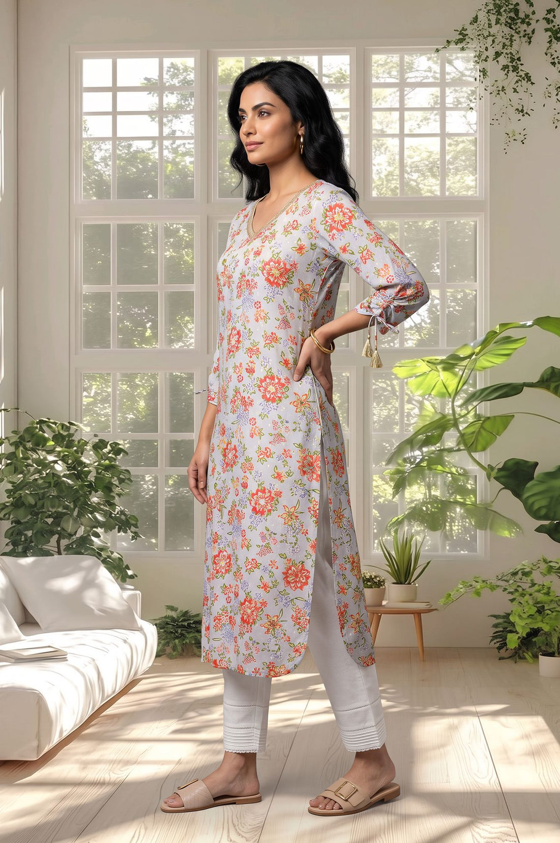 Blue Floral Printed Lace Straight Kurta with Trousers Set