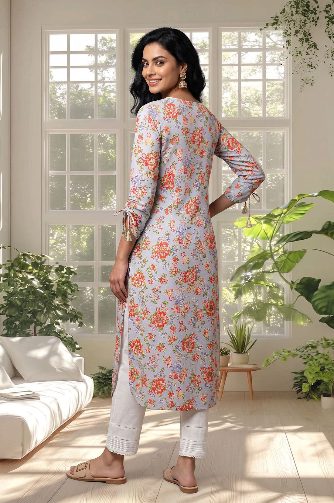 Blue Floral Printed Lace Straight Kurta with Trousers Set