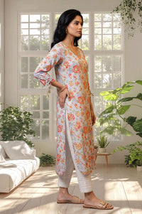 Blue Floral Printed Lace Straight Kurta with Trousers Set