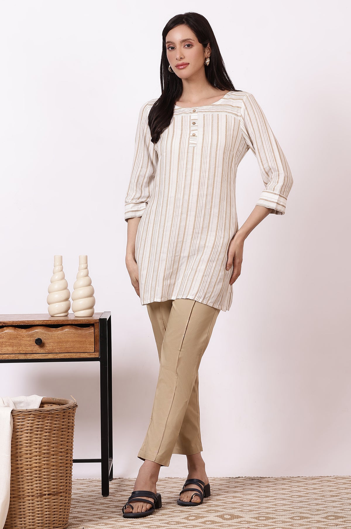 Off-white and Beige Stripe Cotton Rayon Short Kurti and Pants Set - S