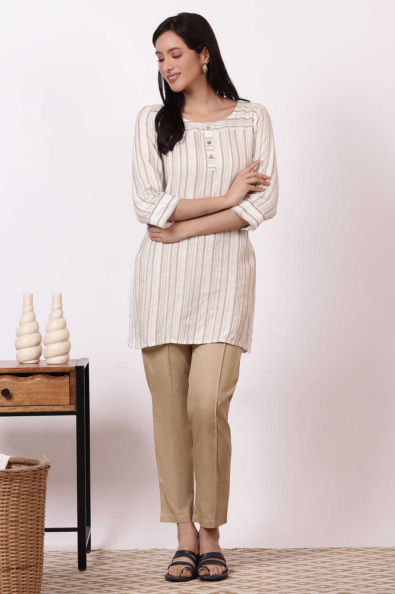 Off-white and Beige Stripe Cotton Rayon Short Kurti and Pants Set