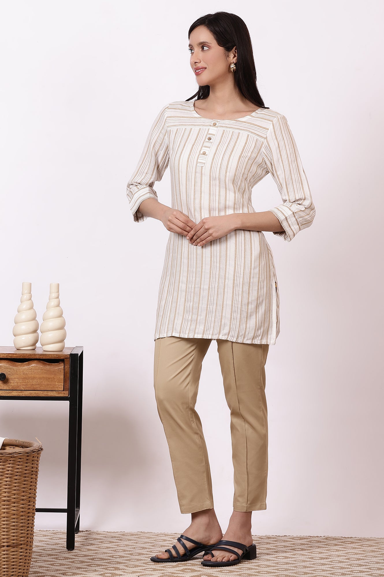 Off-white and Beige Stripe Cotton Rayon Short Kurti and Pants Set