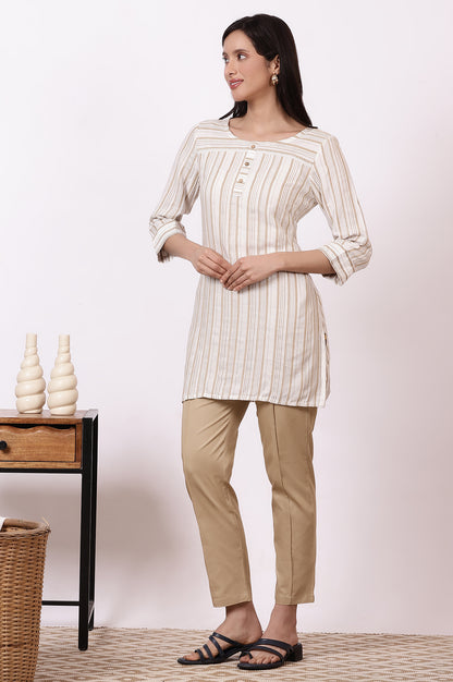 Off-white and Beige Stripe Cotton Rayon Short Kurti and Pants Set