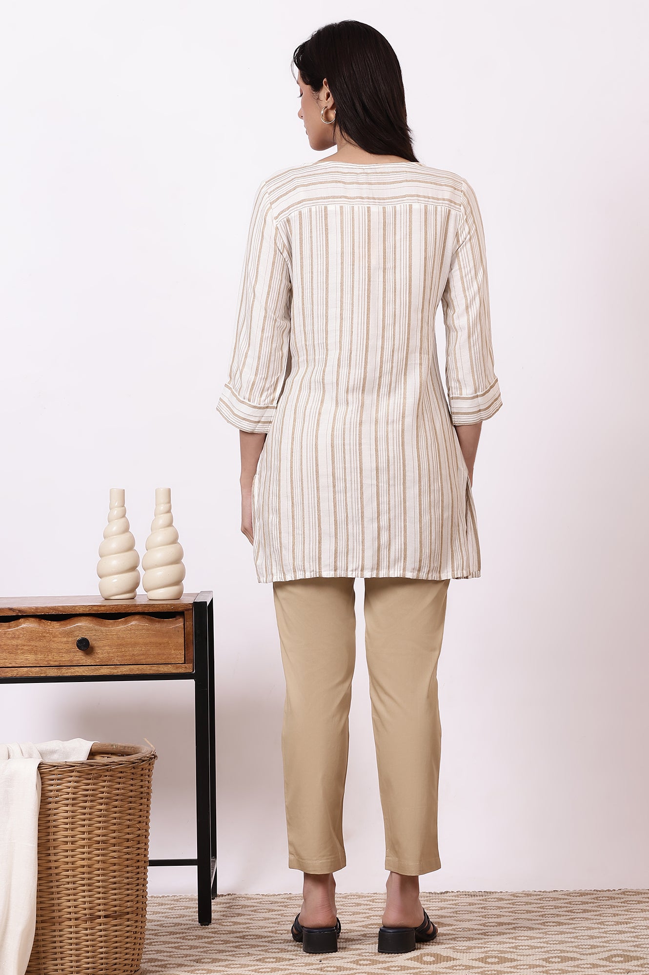 Off-white and Beige Stripe Cotton Rayon Short Kurti and Pants Set