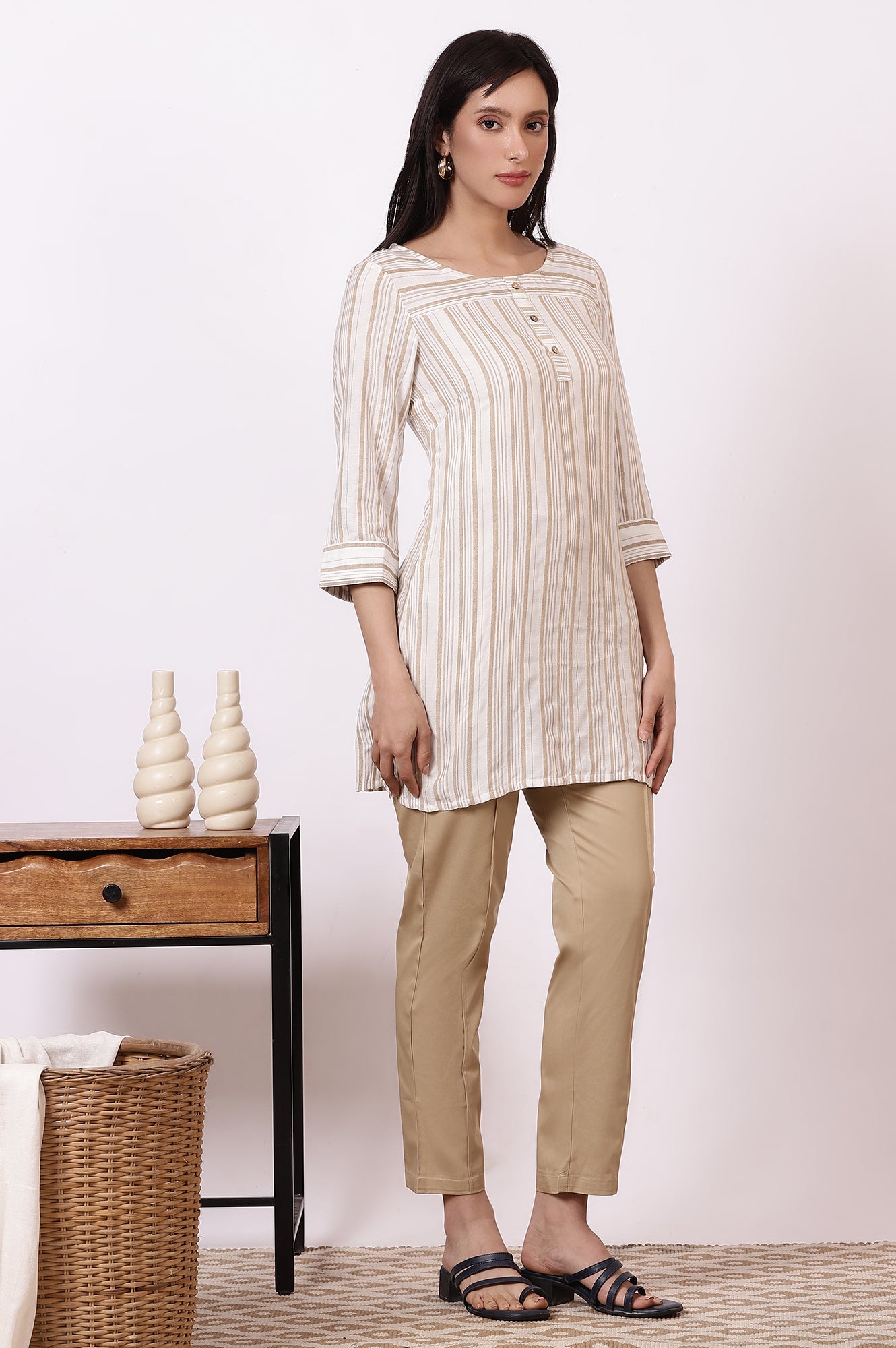 Off-white and Beige Stripe Cotton Rayon Short Kurti and Pants Set