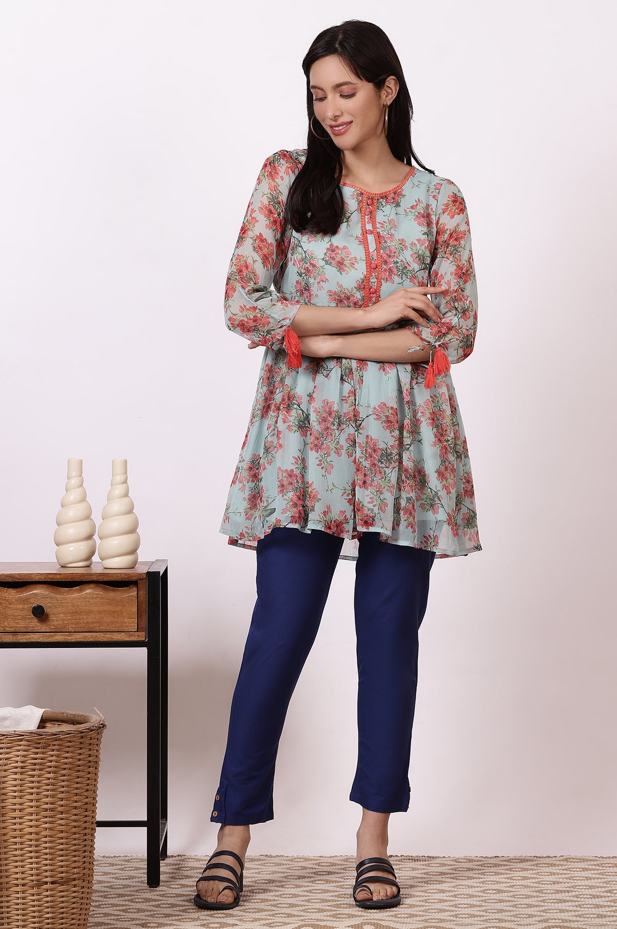 Mint Green Floral Printed Short Kurti and Blue Pants Set - S