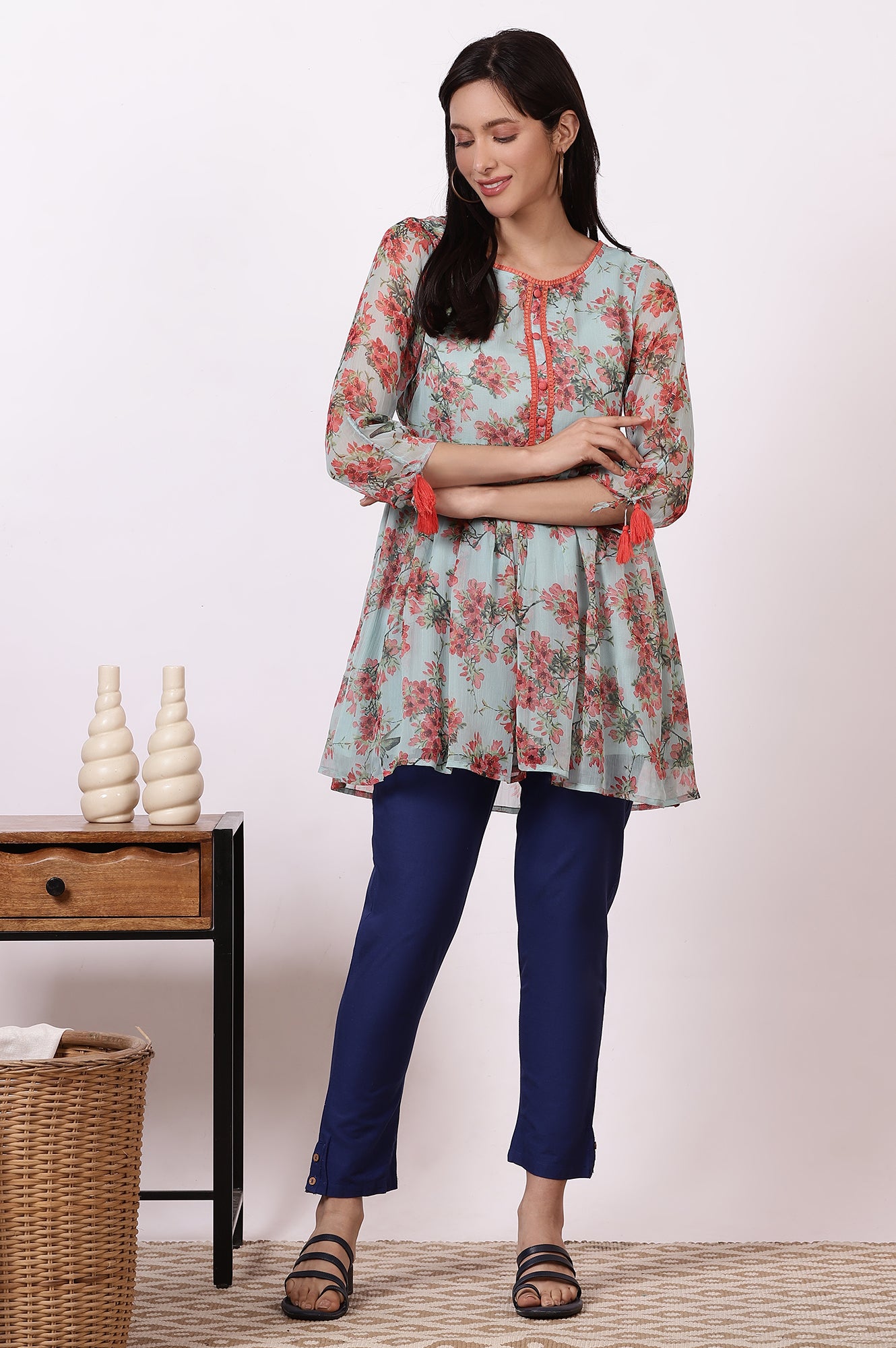 Mint Green Floral Printed Gathered Short Kurti and Blue Pants Set