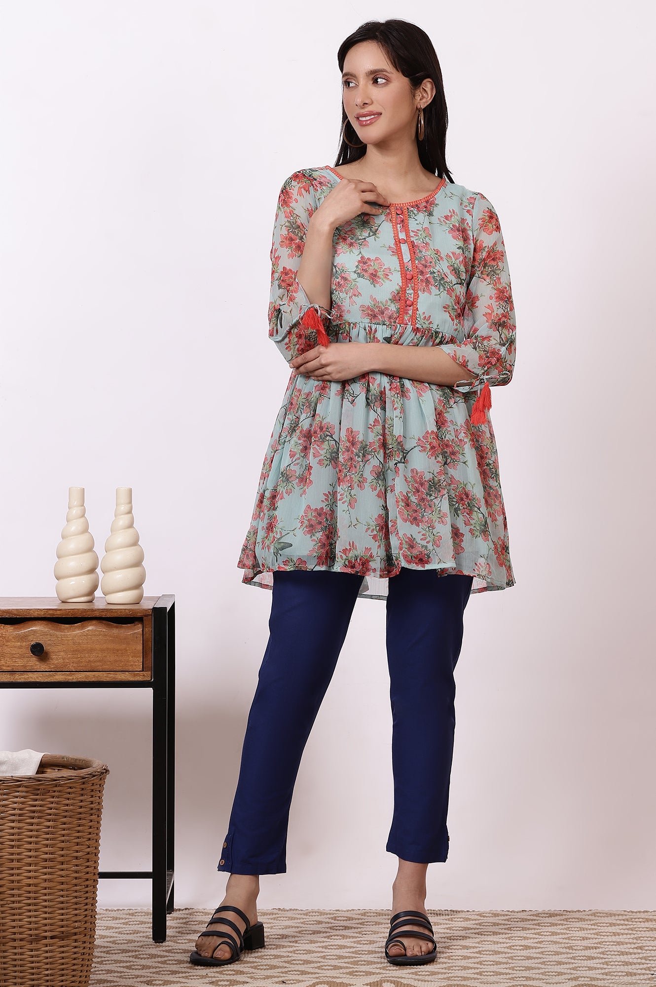 Mint Green Floral Printed Gathered Short Kurti and Blue Pants Set