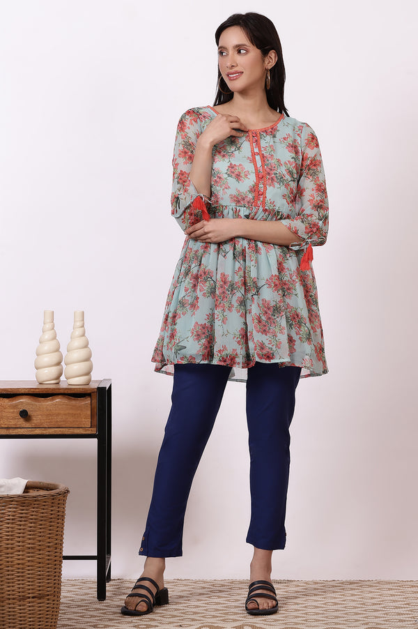 Mint Green Floral Printed Short Kurti and Blue Pants Set