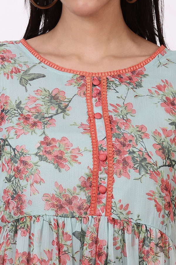 Mint Green Floral Printed Short Kurti and Blue Pants Set