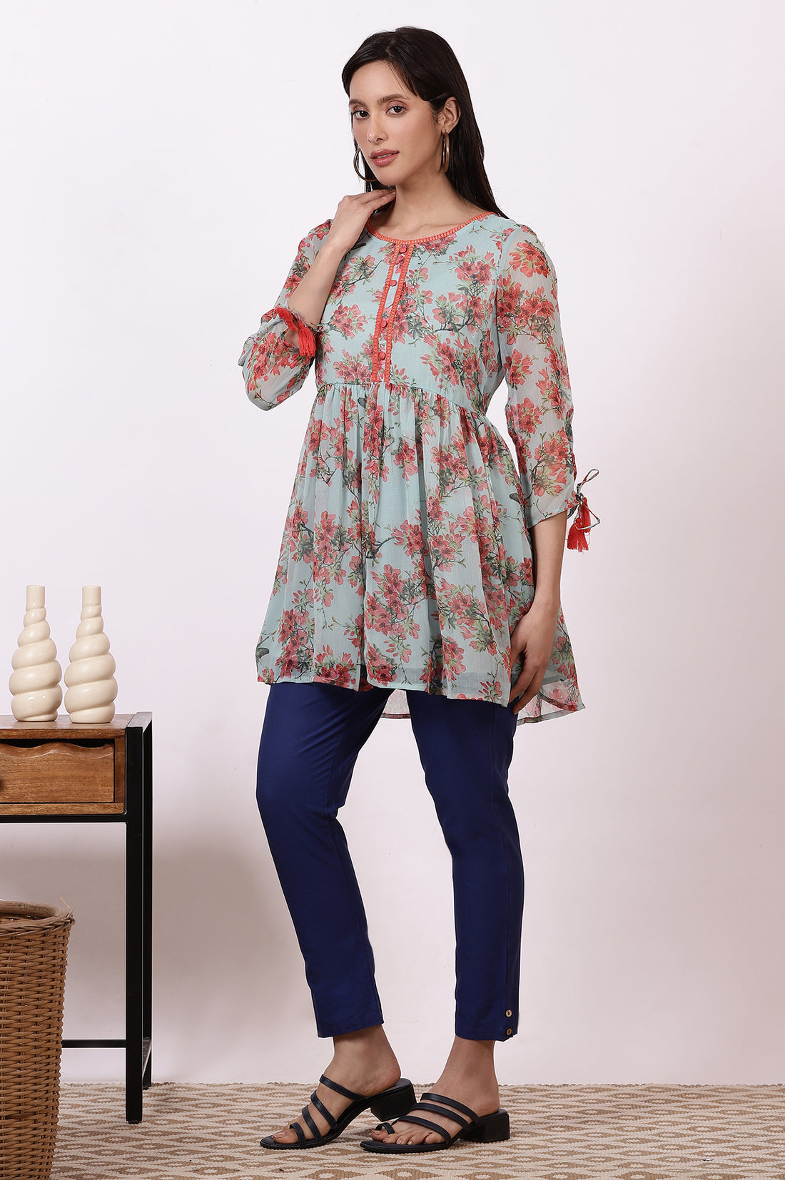 Mint Green Floral Printed Short Kurti and Blue Pants Set