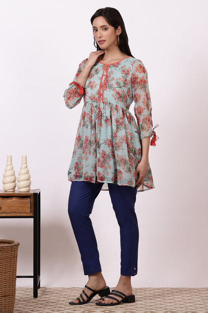 Mint Green Floral Printed Gathered Short Kurti and Blue Pants Set