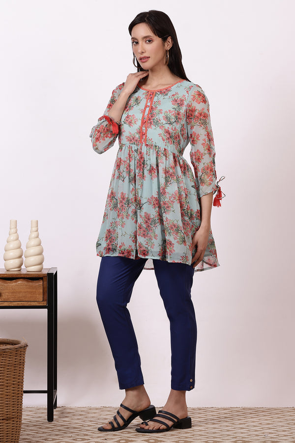 Mint Green Floral Printed Short Kurti and Blue Pants Set
