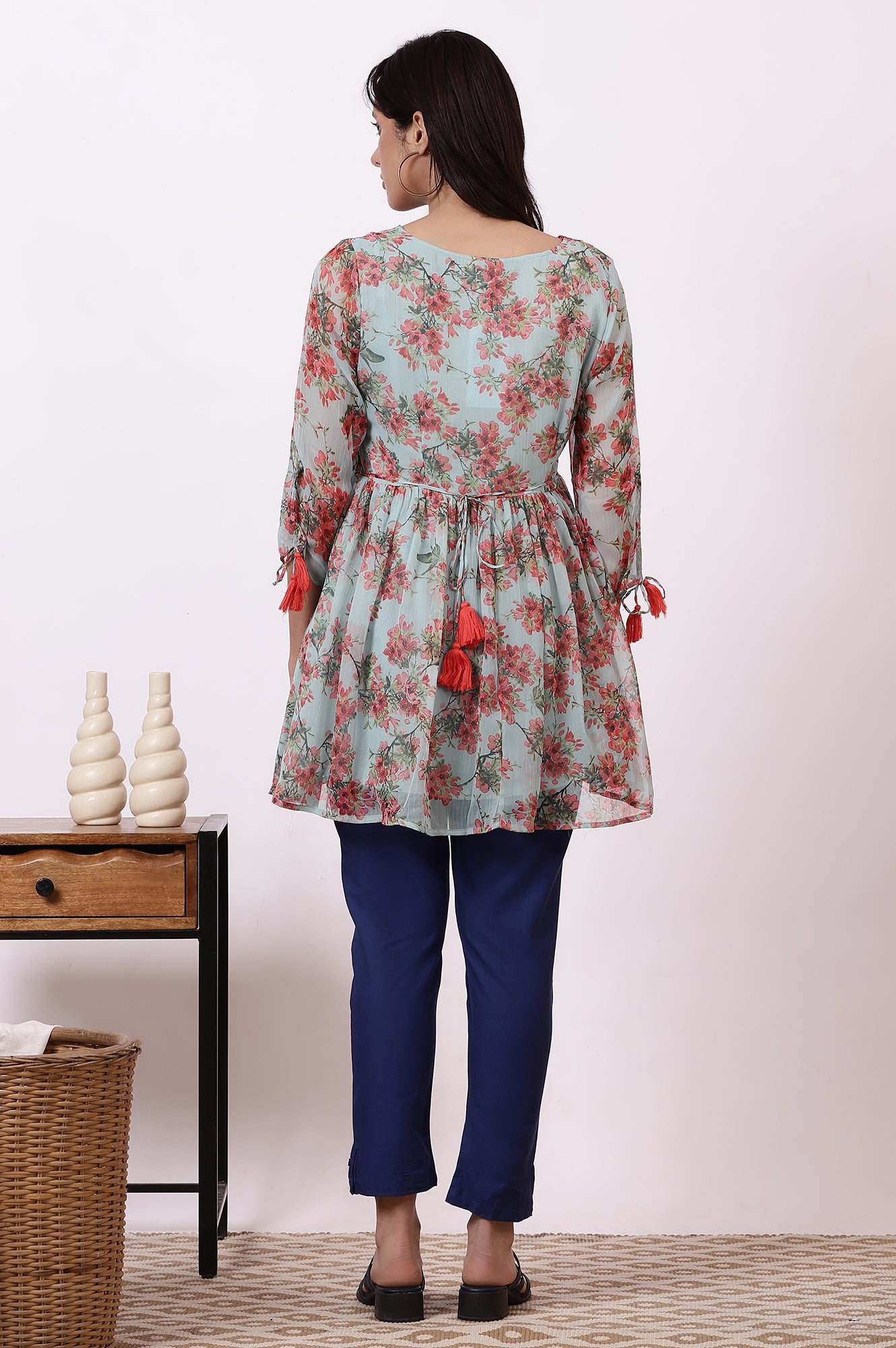 Mint Green Floral Printed Gathered Short Kurti and Blue Pants Set