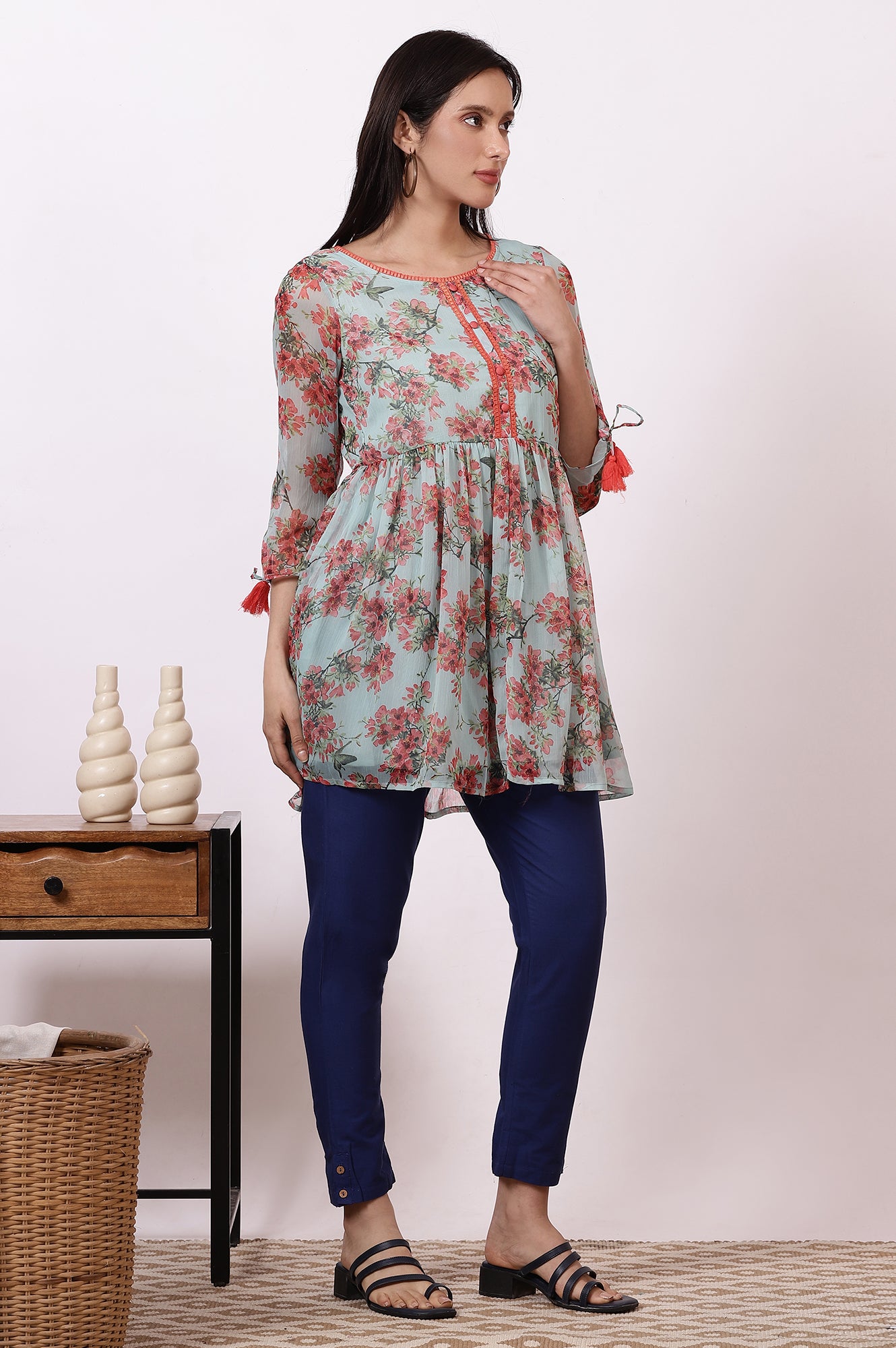 Mint Green Floral Printed Gathered Short Kurti and Blue Pants Set