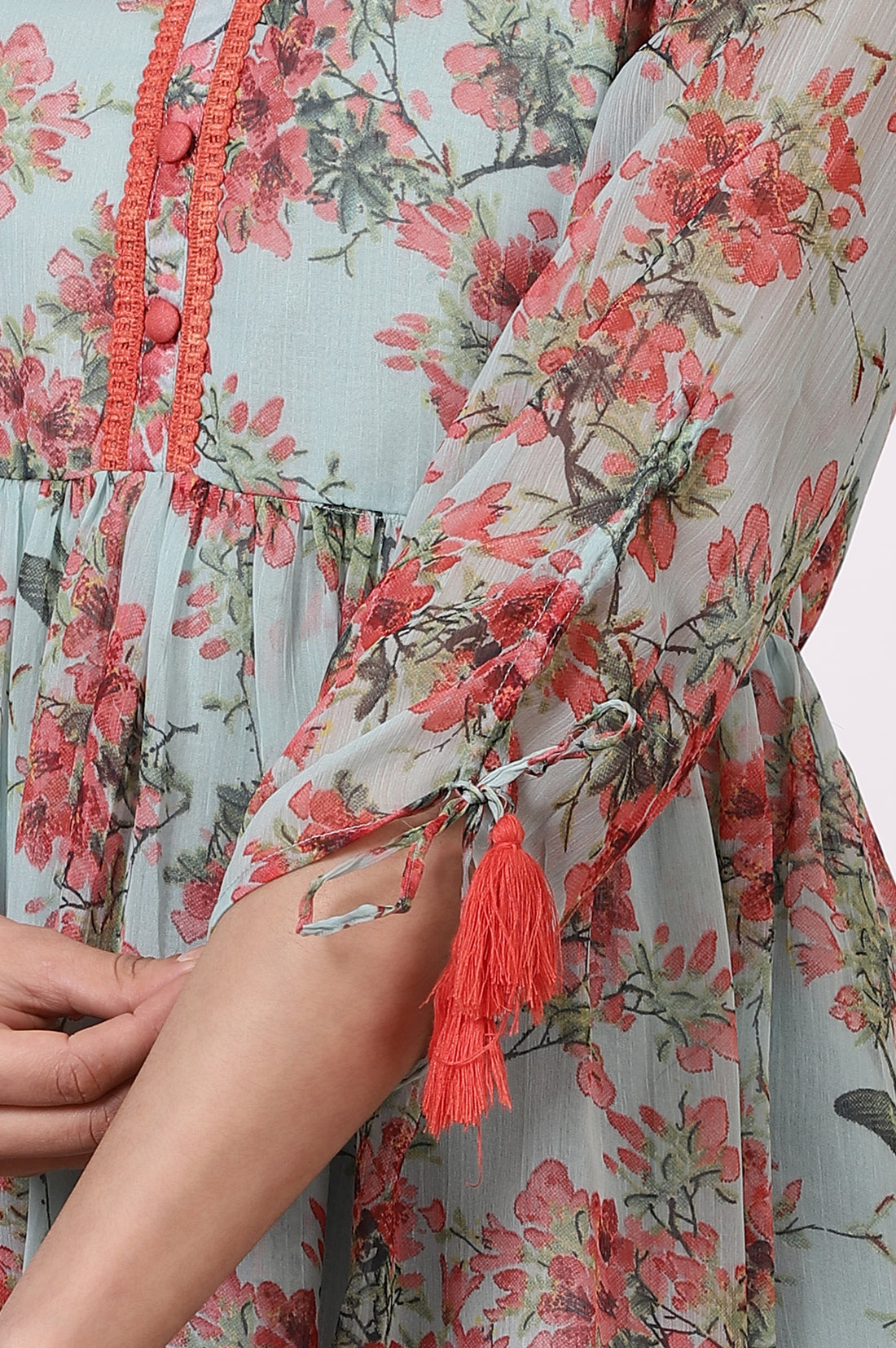 Mint Green Floral Printed Short Kurti and Blue Pants Set