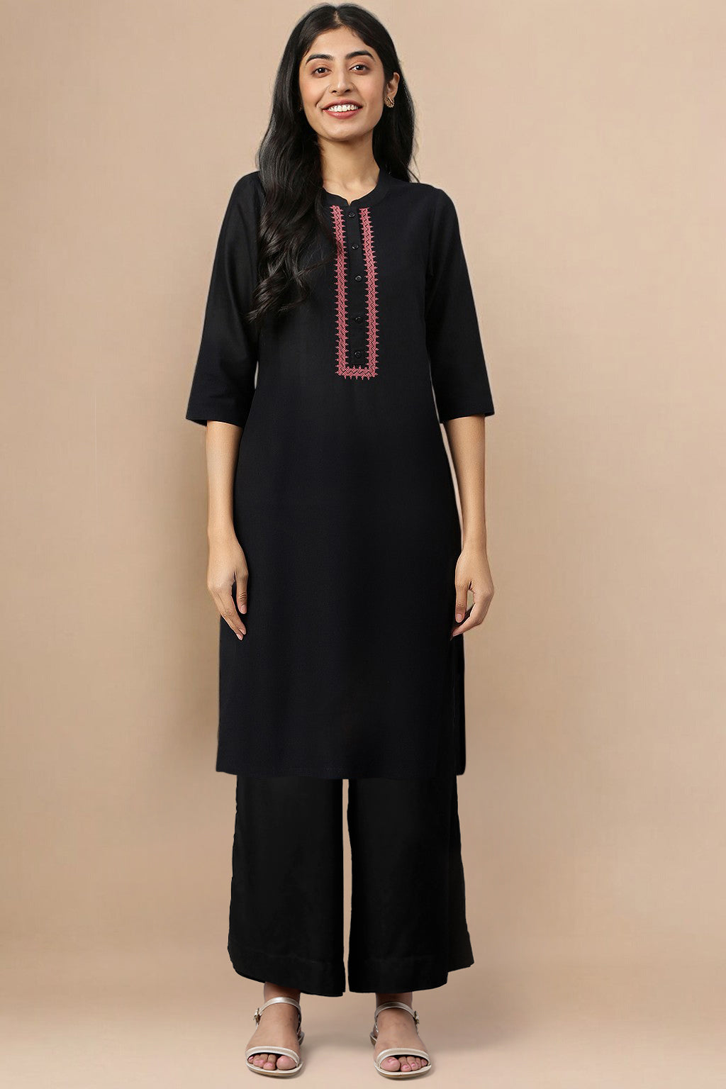 Black Thread Embroidery Cotton Blend Straight Kurta and Palazzo Set - XS