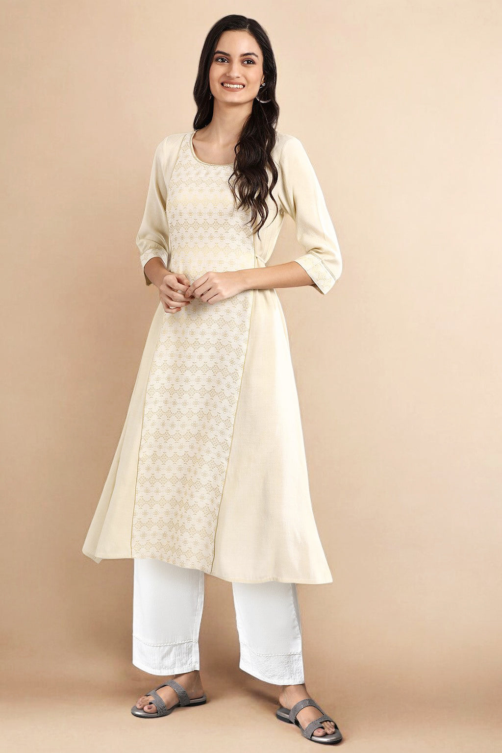 Off White Tessel Rayon A-line Kurta and Palazzo Set