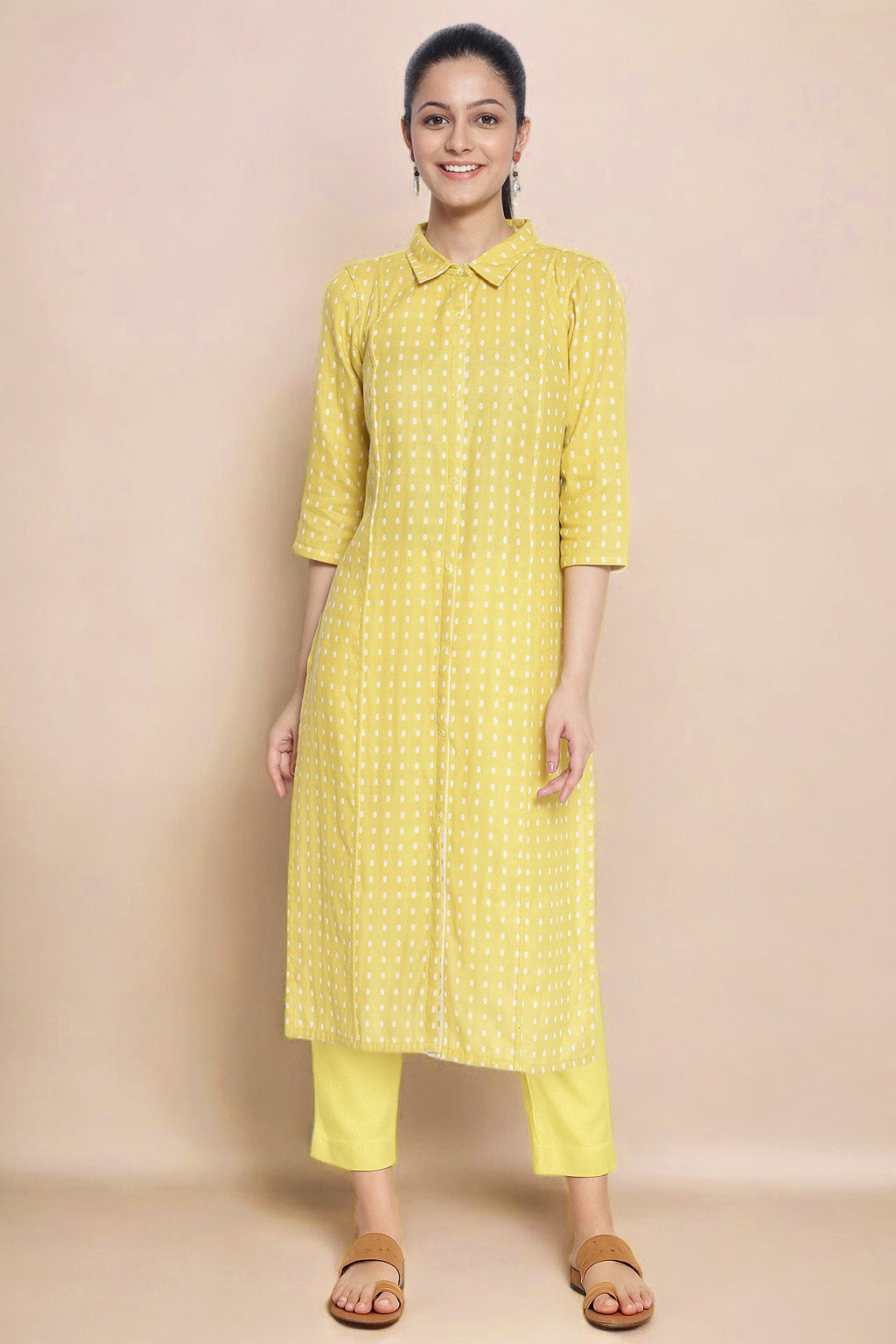 Yellow Pure Cotton Straight Kurta and Trouser Set - XS