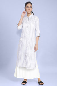 White Geometric Printed Cotton Flax Straight Kurta and Palazzo Set