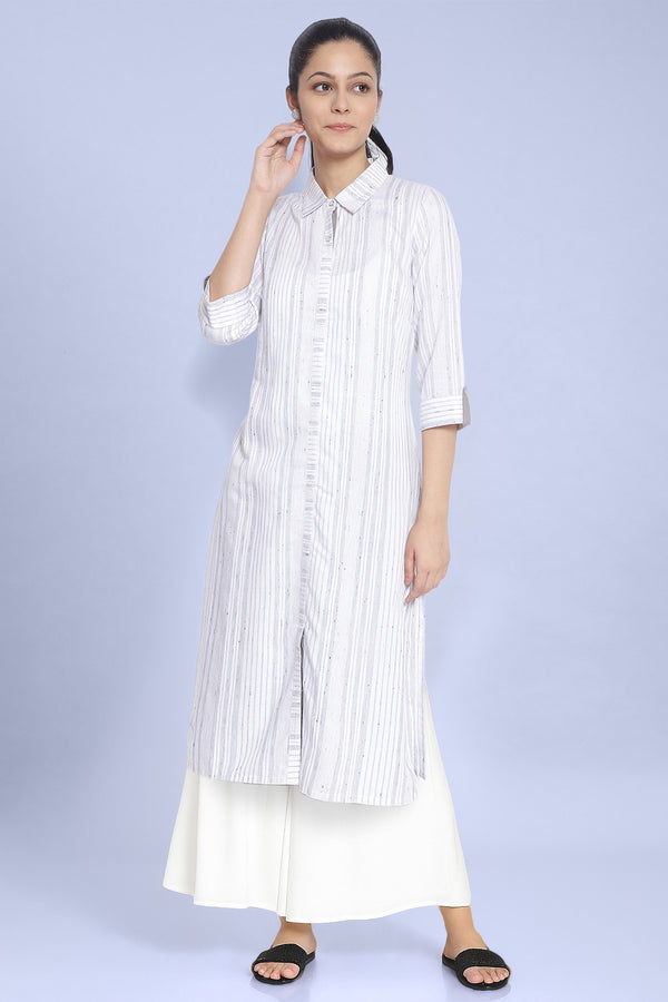White Geometric Printed Cotton Flax Straight Kurta and Palazzo Set