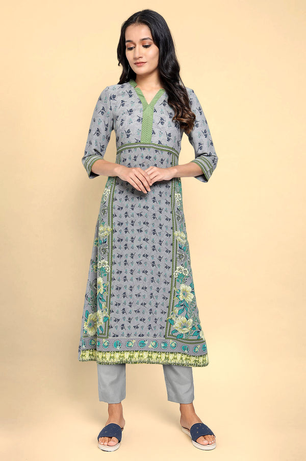 Grey Floral Printed Crepe A-Line Kurta and Trouser Set