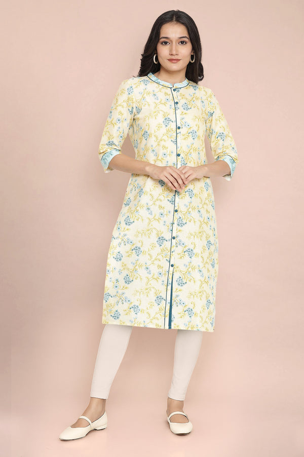 Yellow Floral Printed Rayon Straight Kurta and Tights Set