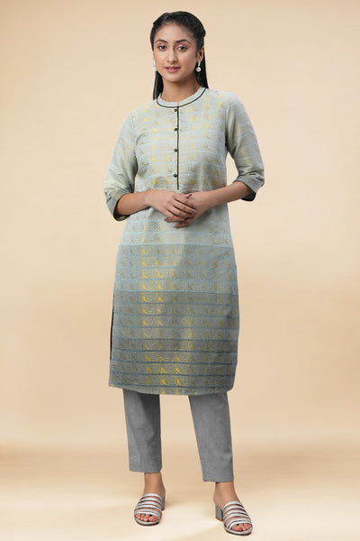 Grey Yarn Dyed Cotton Zari Straight Kurta and Trouser Set