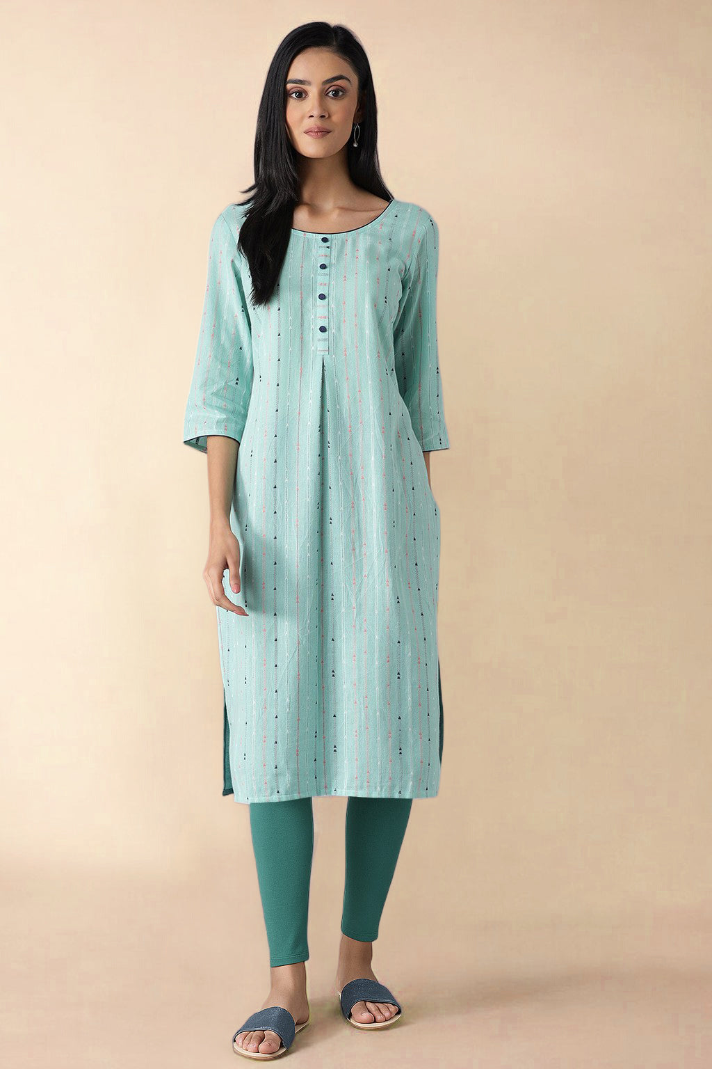 Green Yarn Dyed Pure Cotton Straight Kurta and Tight Set - XS