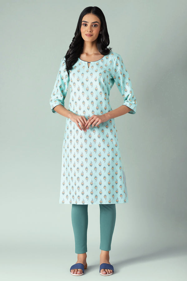 Green Floral Printed Rayon Straight Kurta and Tights Set