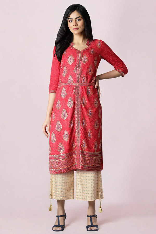 Peach Foil Printed Sequins Straight Kurta and Culotte Set
