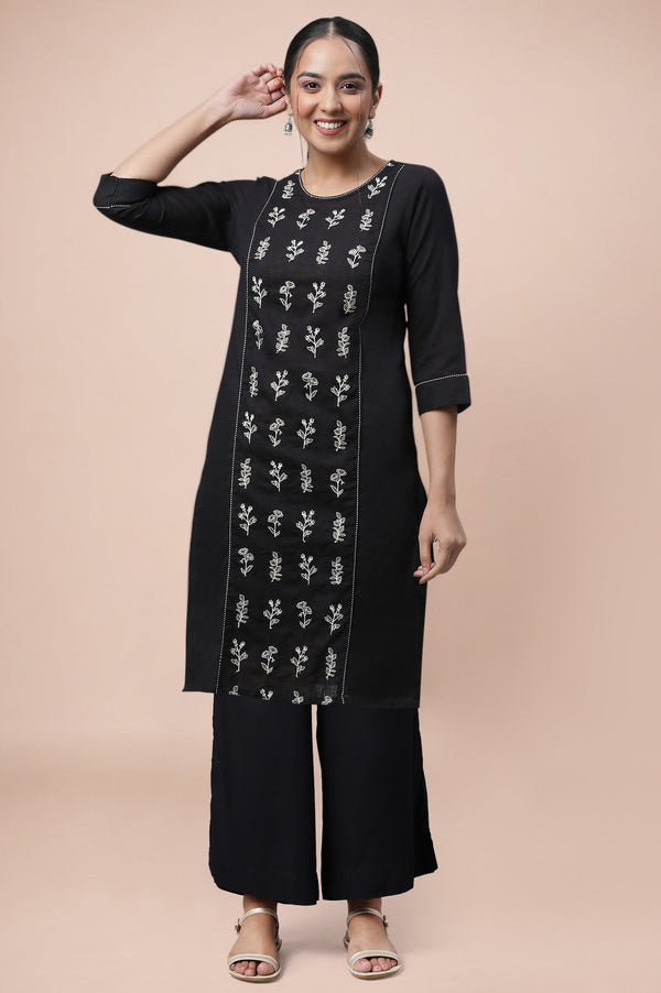 Black Thread Embroidery Pure Cotton Straight Kurta and Palazzo Set