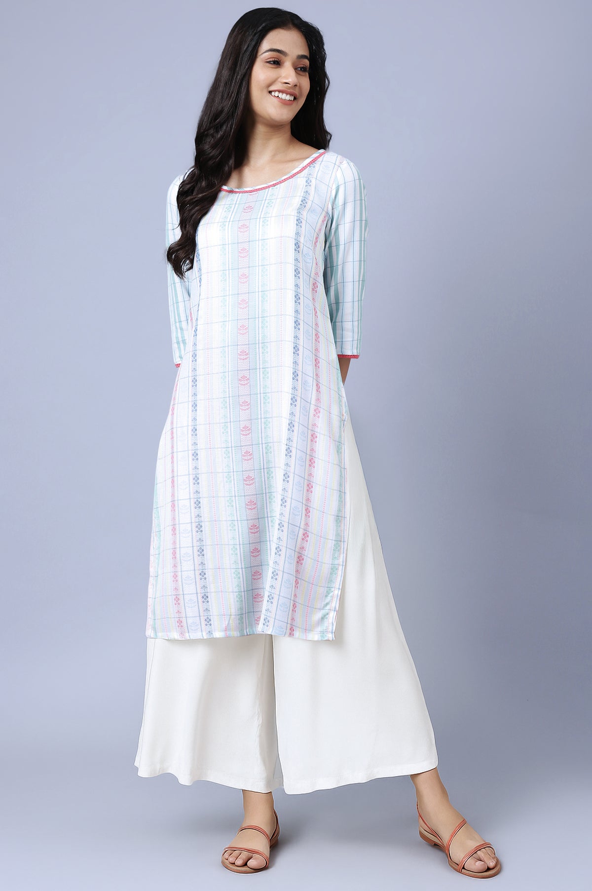 White Floral Printed Rayon Straight Kurta and Palazzo Set - XS