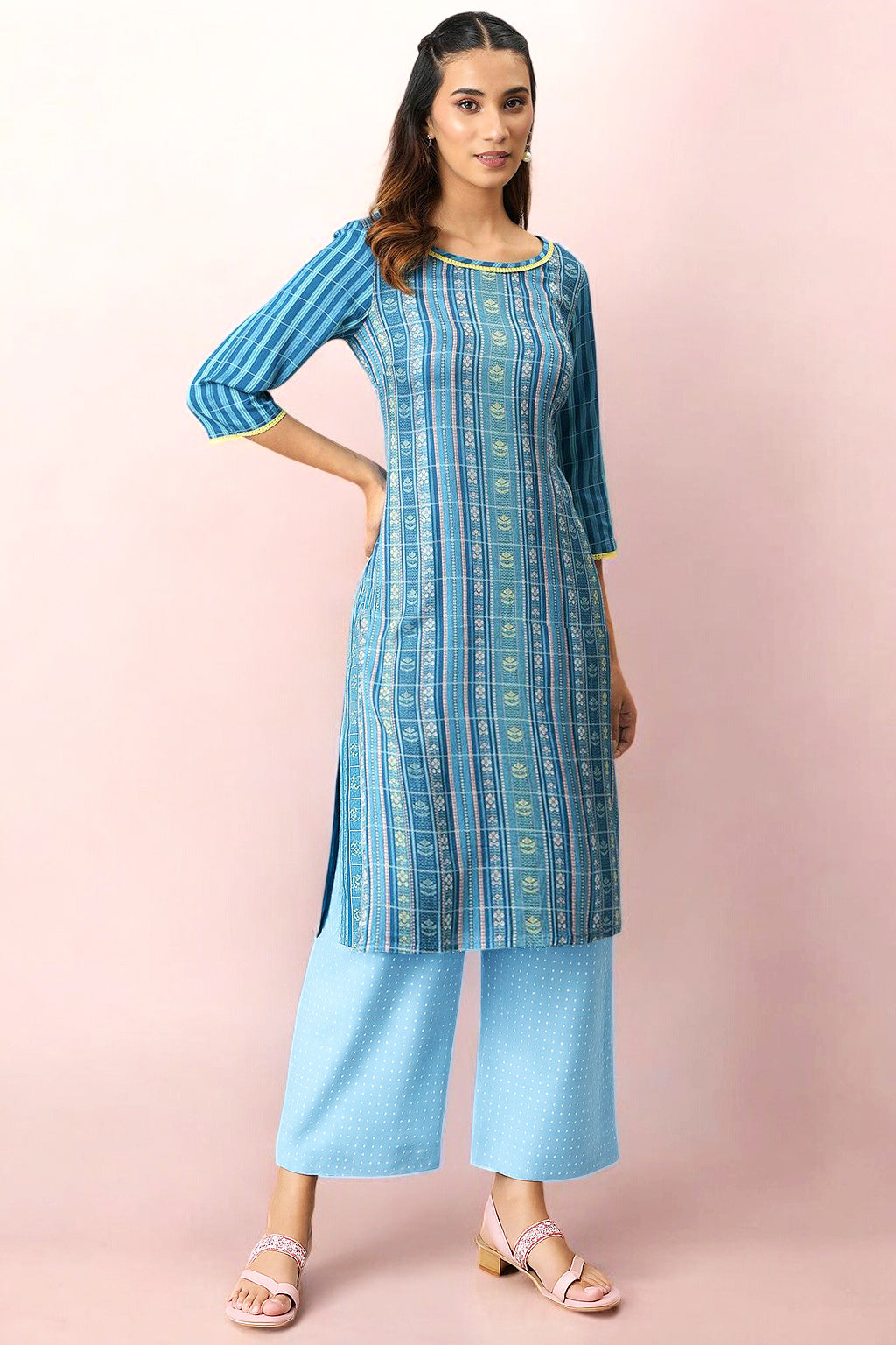 Blue Yarn Dyed Straight Kurta and Palazzo Set - S