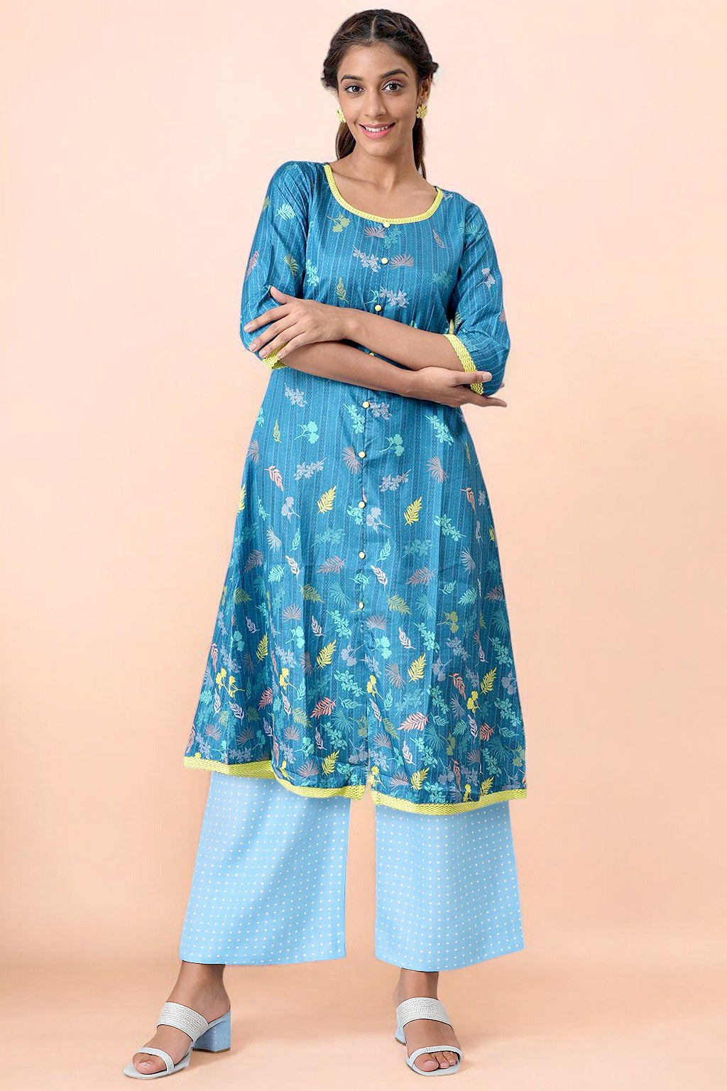 Blue Floral Printed A-line Kurta and Palazzo Set - S