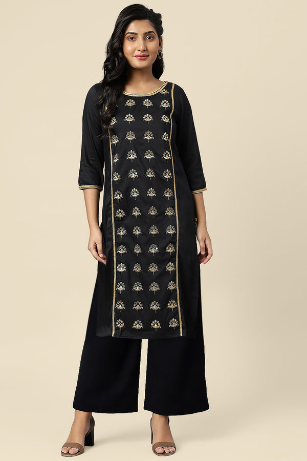 Black Zari Embroidery Viscose Blend Straight Kurta and Palazzo Set