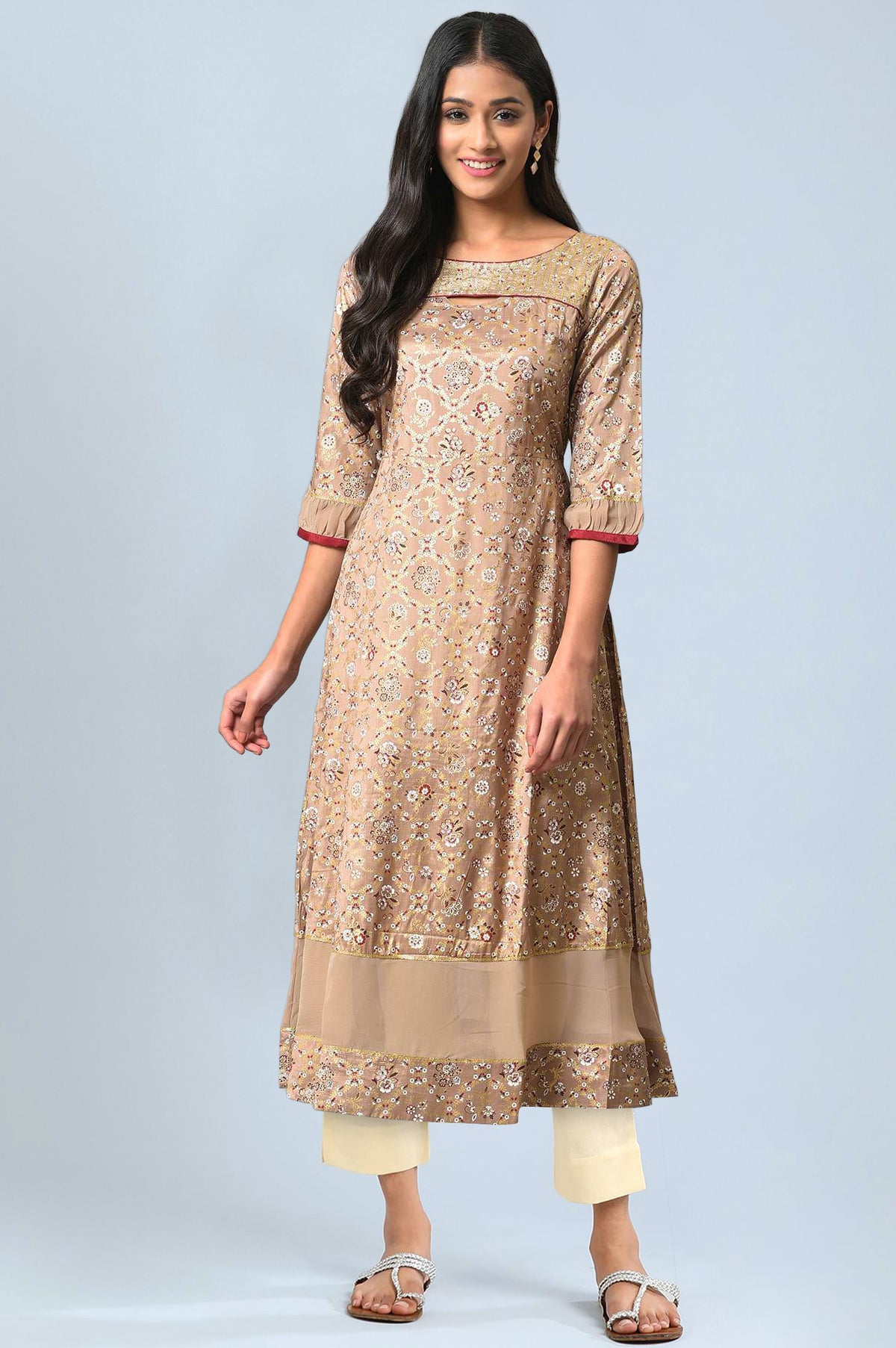 Beige Sequins A-line Kurta and Trouser Set - XS