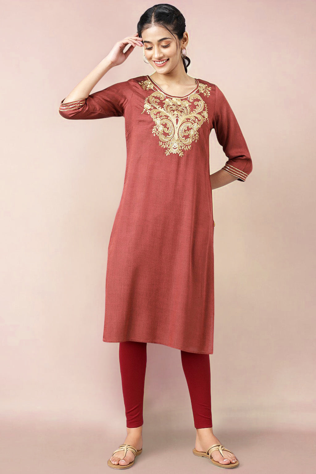 Maroon Zari Embroidered with Sequins Straight Kurta and Tight Set - XS