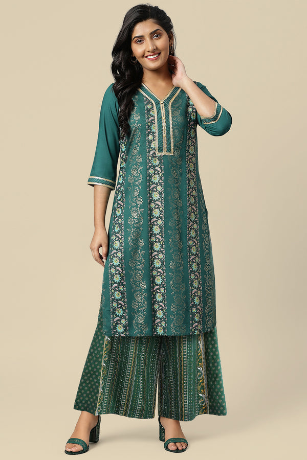 Green Straight Kurta and Culotte Set