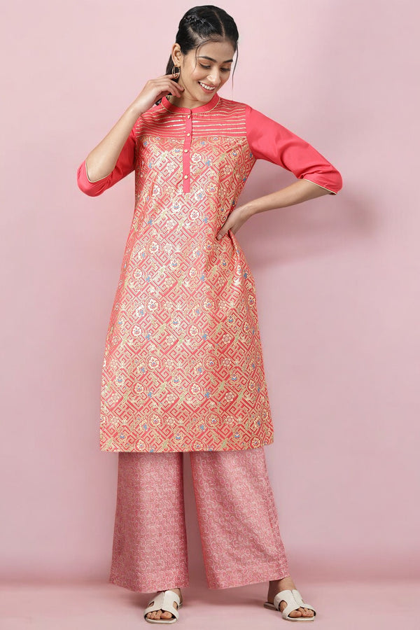 Peach Sequins Straight Kurta and Palazzo Set
