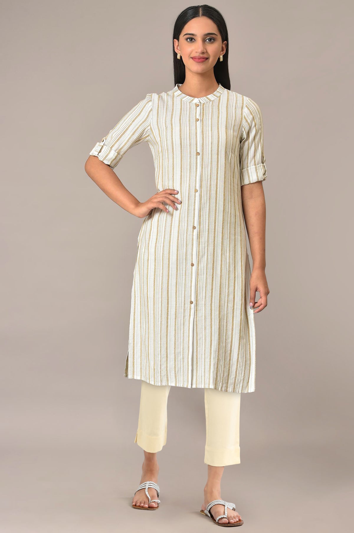 Beige Viscose Rayon Straight Kurta and Trouser Set - XS